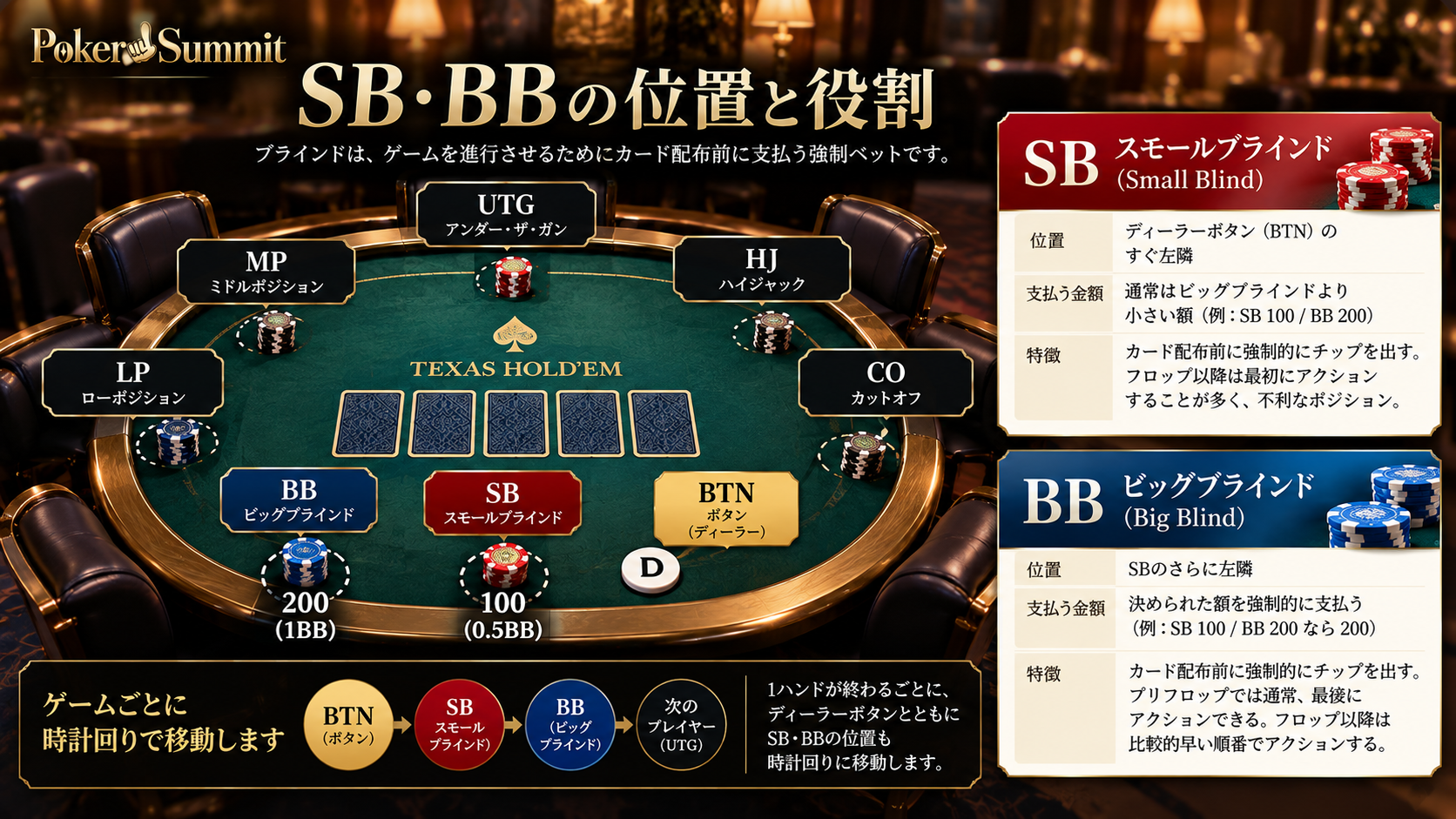ブラインドとアンティとは?BB(ビッグブラインド)、SB(スモールブラインド)、BTN(ボタン)の位置と配置図