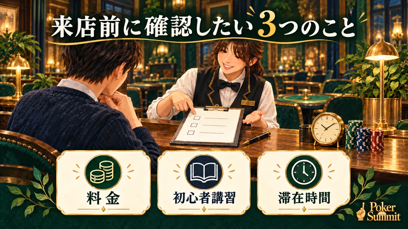 来店前に料金と滞在時間を確認するチェックリストをイメージしたイラスト