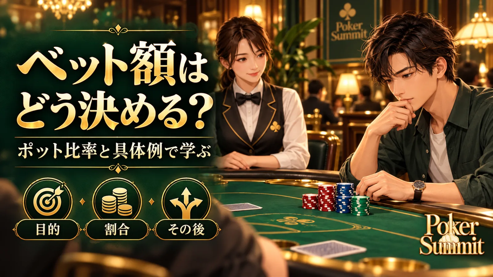 ポットの大きさと残り持ち点を確認しながらベット額を考えるプレイヤーのイメージ