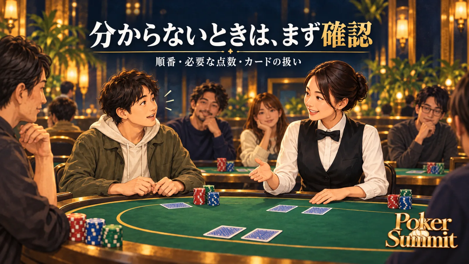 ディーラーの案内を聞きながらポーカーテーブルに着席する初参加者のイメージイラスト
