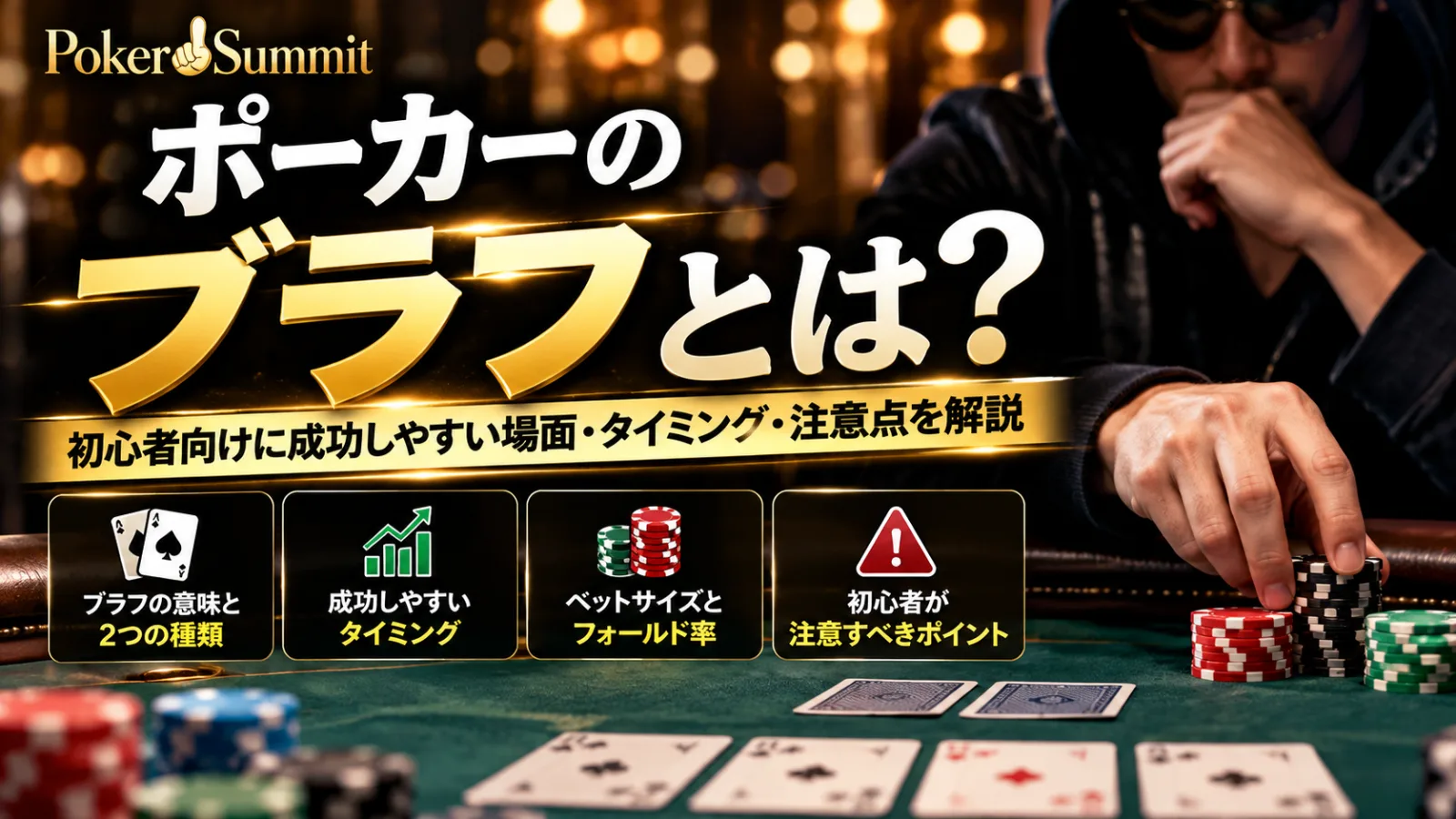 ポーカーのブラフについて、ベットするタイミングや相手のフォールドを考える初心者向け解説画像。