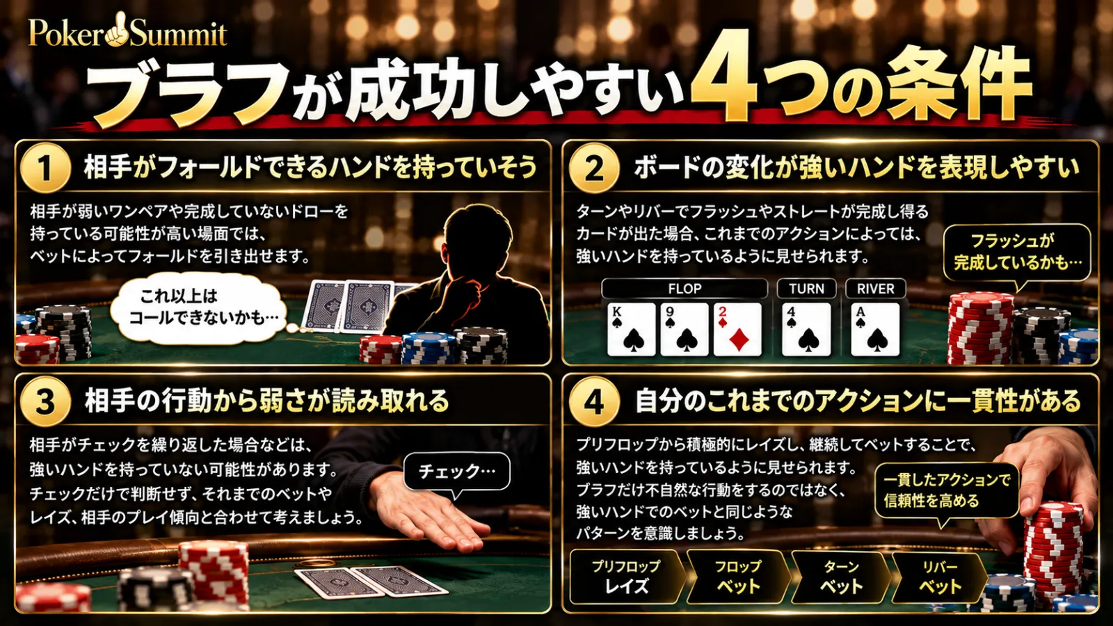 ポーカーのブラフが成功しやすい4つの条件