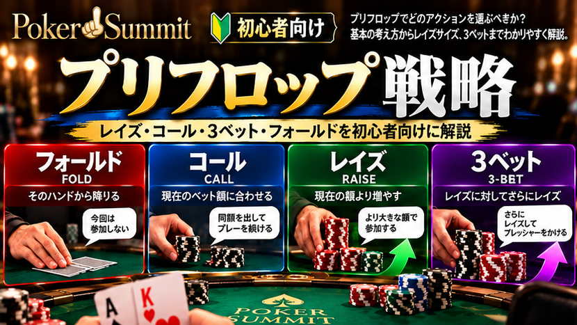 ポーカーのプリフロップで使うレイズ・コール・3ベット・フォールドを初心者向けに解説する画像