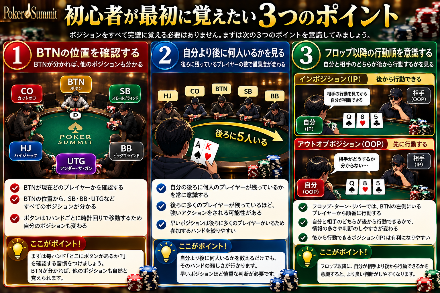 ポーカー初心者が最初に覚えたい3つのポイント