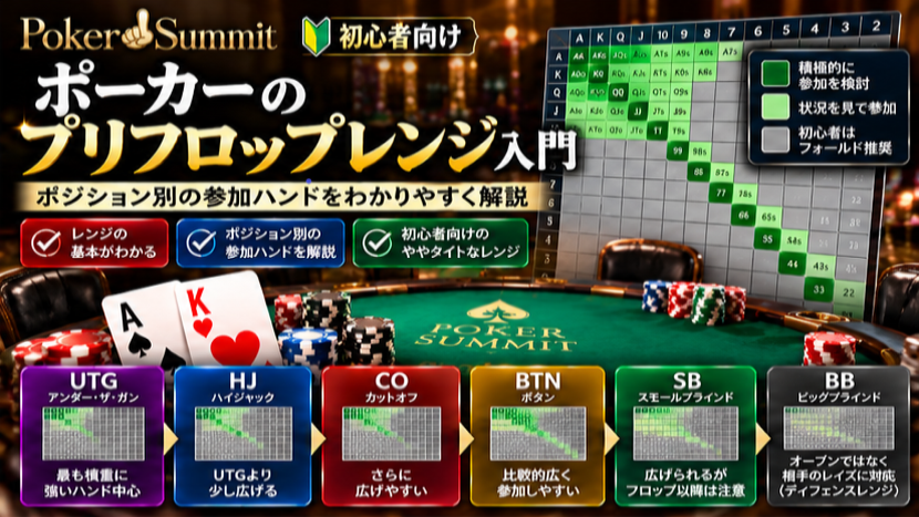 ポーカーのプリフロップレンジとポジション別の参加ハンドを初心者向けに解説する画像