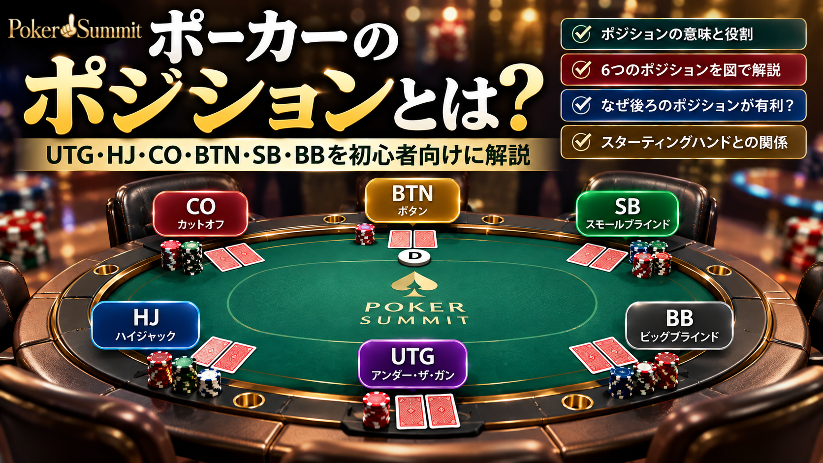 テキサスホールデムのUTG・HJ・CO・BTN・SB・BBのポジションを初心者向けに解説する画像