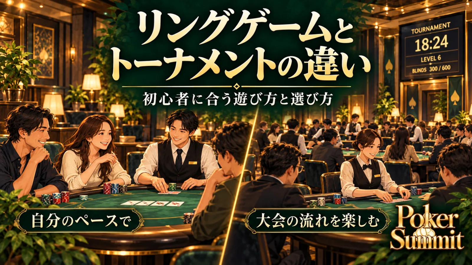 リングゲームとトーナメントの参加方法や時間の違いを比較したイメージ