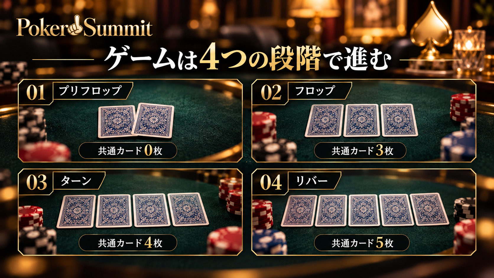 テキサスホールデムの進行順。プリフロップは共通カード0枚、フロップは3枚、ターンは4枚、リバーは5枚
