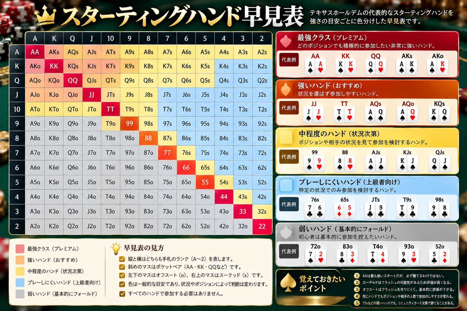 ポーカーの代表的なスターティングハンド早見表