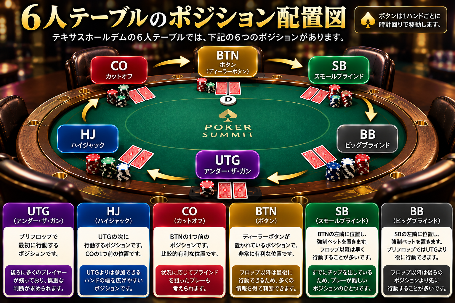 ポーカーの6人テーブルのUTG・HJ・CO・BTN・SB・BB配置図