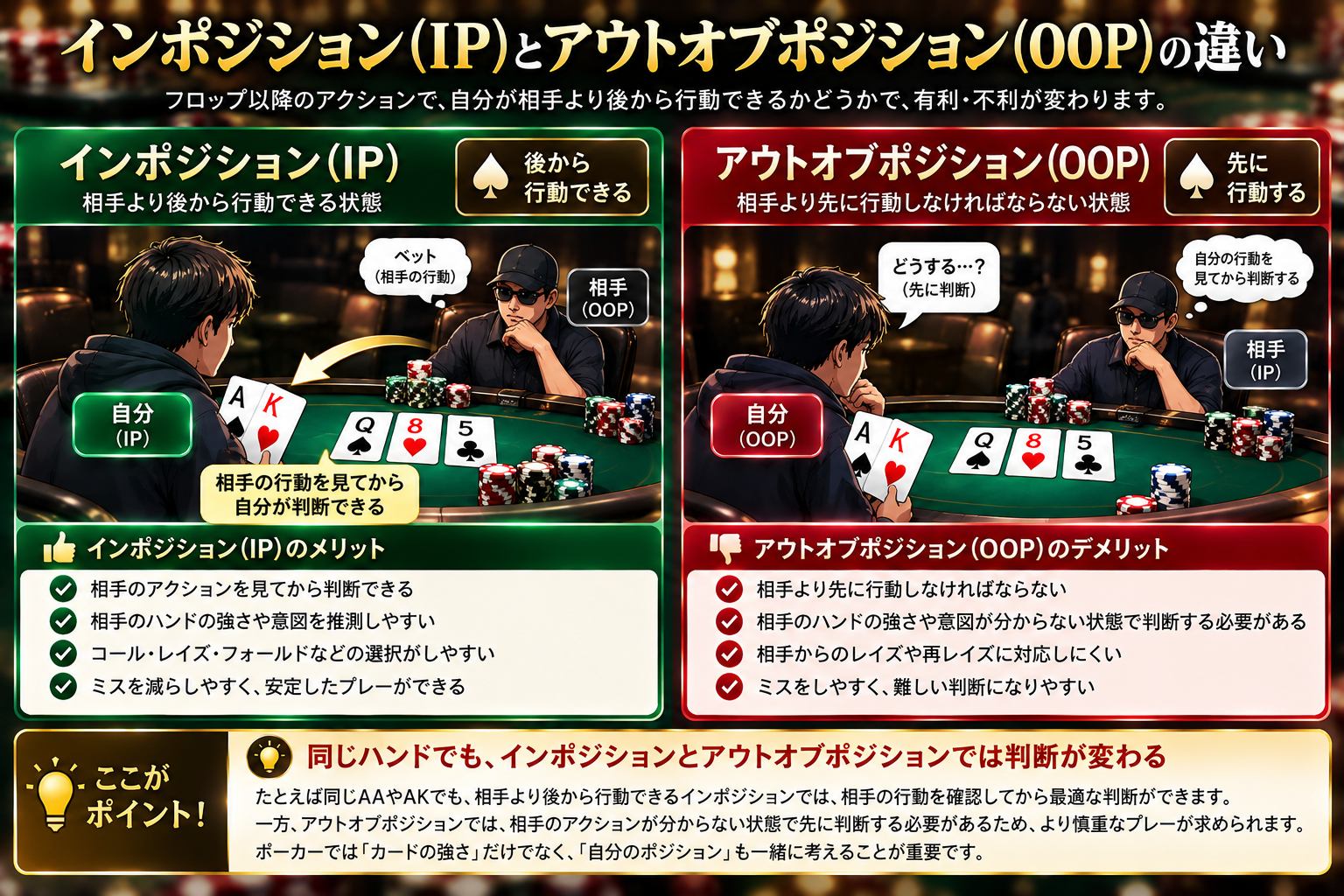 ポーカーのインポジション(IP)とアウトオブポジション(OOP)の比較図