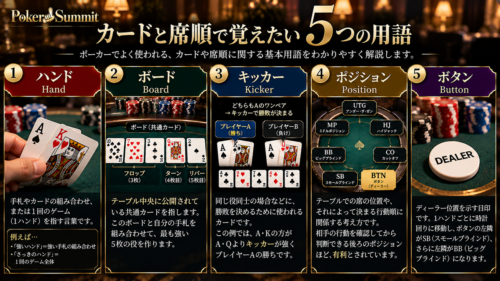 ポーカーでカードと席順で覚えたい5つの用語イメージ
